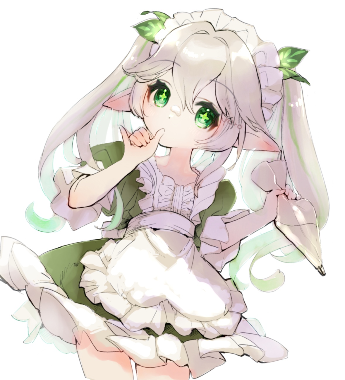 alternate_costume apron commentary_request cross-shaped_pupils dress enmaided female finger_in_own_mouth frilled_apron frills genshin_impact gradient_hair green_dress green_eyes green_hair grey_hair hair_between_eyes highres long_hair maid maid_apron maid_headdress multicolored_hair nahida_(genshin_impact) pointy_ears puffy_short_sleeves puffy_sleeves short_sleeves solo streaked_hair symbol-shaped_pupils toro_astro twintails white_apron white_background