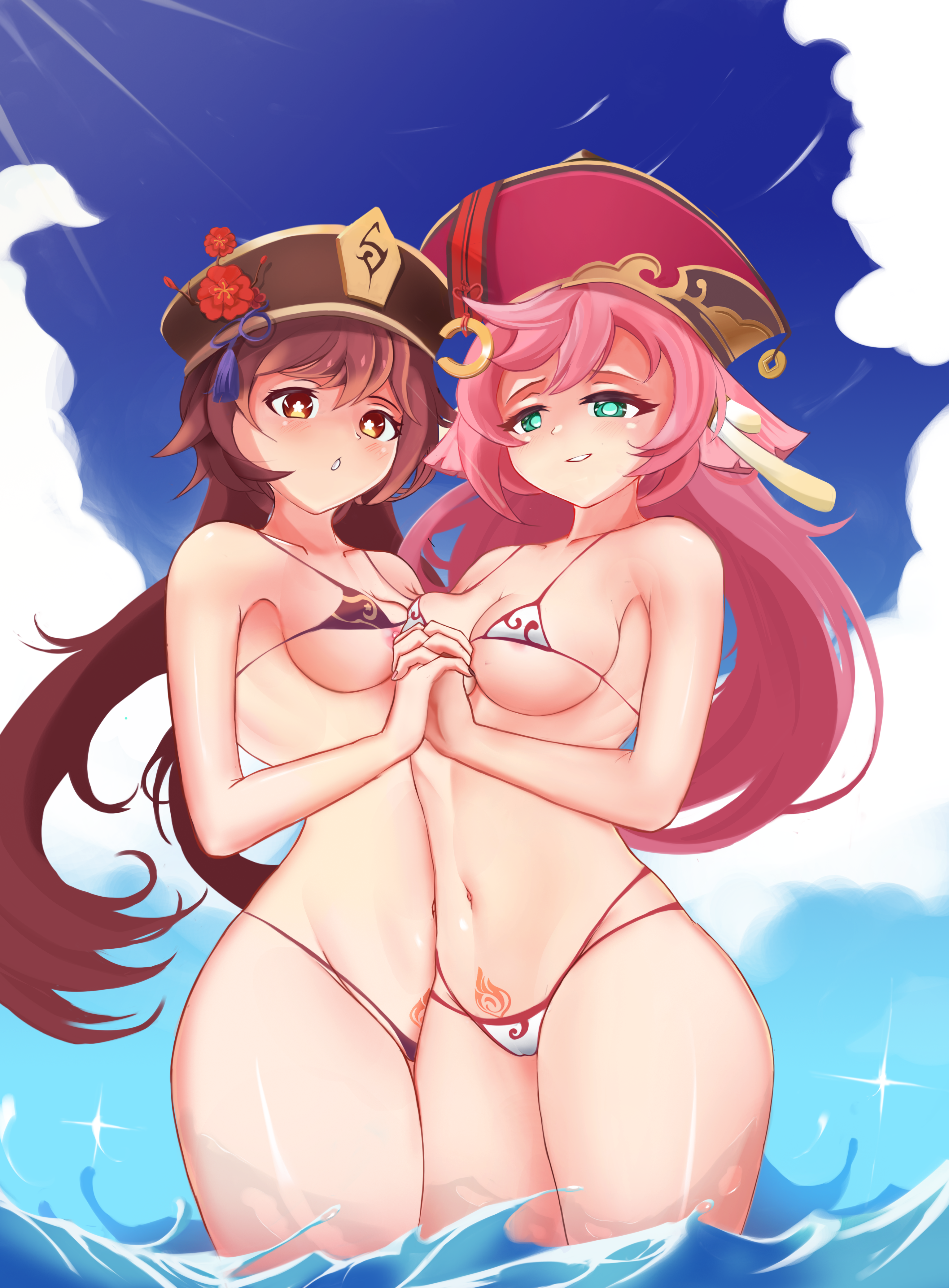 2girls absurdres bad_id bad_pixiv_id beach bikini breasts brown_hair genshin_impact green_eyes highres hu_tao_(genshin_impact) lewdialll micro_bikini multiple_girls outdoors pink_hair swimsuit wet yanfei_(genshin_impact) yuri