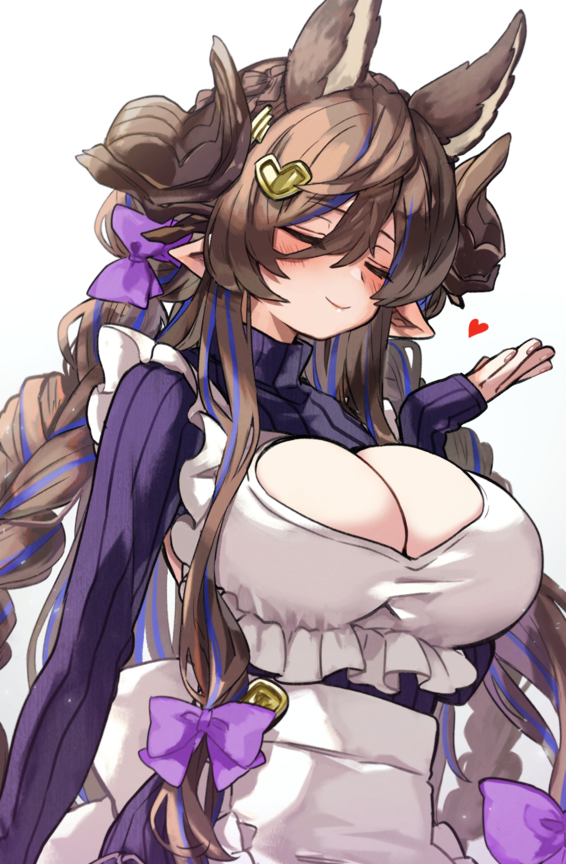 animal_ears apron blush bow braid breasts brown_hair cleavage cleavage_cutout closed_eyes clothing_cutout cosplay extra_ears female galleon_(granblue_fantasy) granblue_fantasy hair_between_eyes hair_ornament hairbow heart heart_hair_ornament highres horns large_breasts long_hair multicolored_hair narmaya_(granblue_fantasy) narmaya_(granblue_fantasy)_(cosplay) narmaya_(valentine)_(granblue_fantasy) osakana_(rrg0123) pointy_ears purple_bow purple_sweater smile solo streaked_hair sweater turtleneck turtleneck_sweater very_long_hair