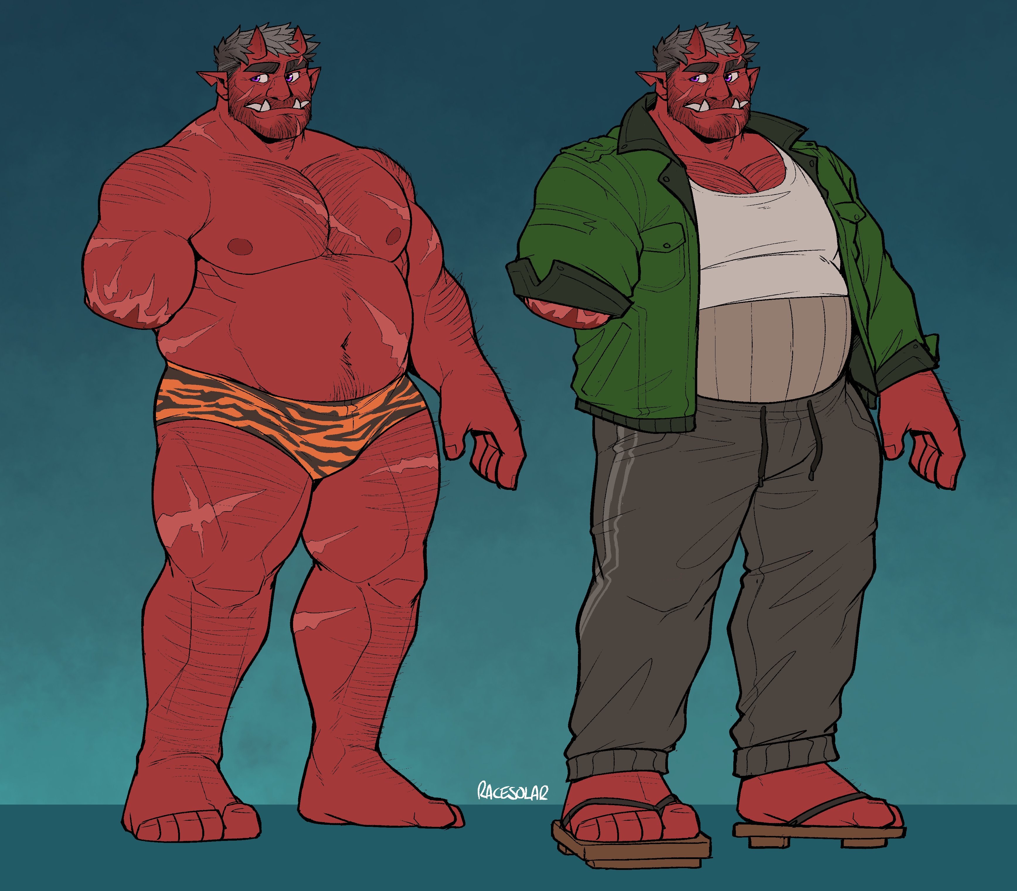 1boy absurdres amputee animal_print back_hair bara belly black_hair chiseled_face colored_skin demon_boy demon_horns fat foot_hair full_body hairy hand_hair highres hiroto_(dick_gumshoe) horns huge_eyebrows jacket large_feet large_hands large_pectorals loincloth male_focus mature_male monster_boy multiple_views muscular muscular_male navel navel_hair nipples notched_ear oni open_clothes open_jacket original pants pectoral_cleavage pectorals pointy_ears purple_eyes racesolar red_oni red_skin scar scars_all_over second-party_source short_hair skin-covered_horns slippers sparse_chest_hair sparse_leg_hair sparse_navel_hair standing stomach strongman_waist thick_arm_hair thick_thighs thighs tiger_print too_many topless_male track_pants tusks