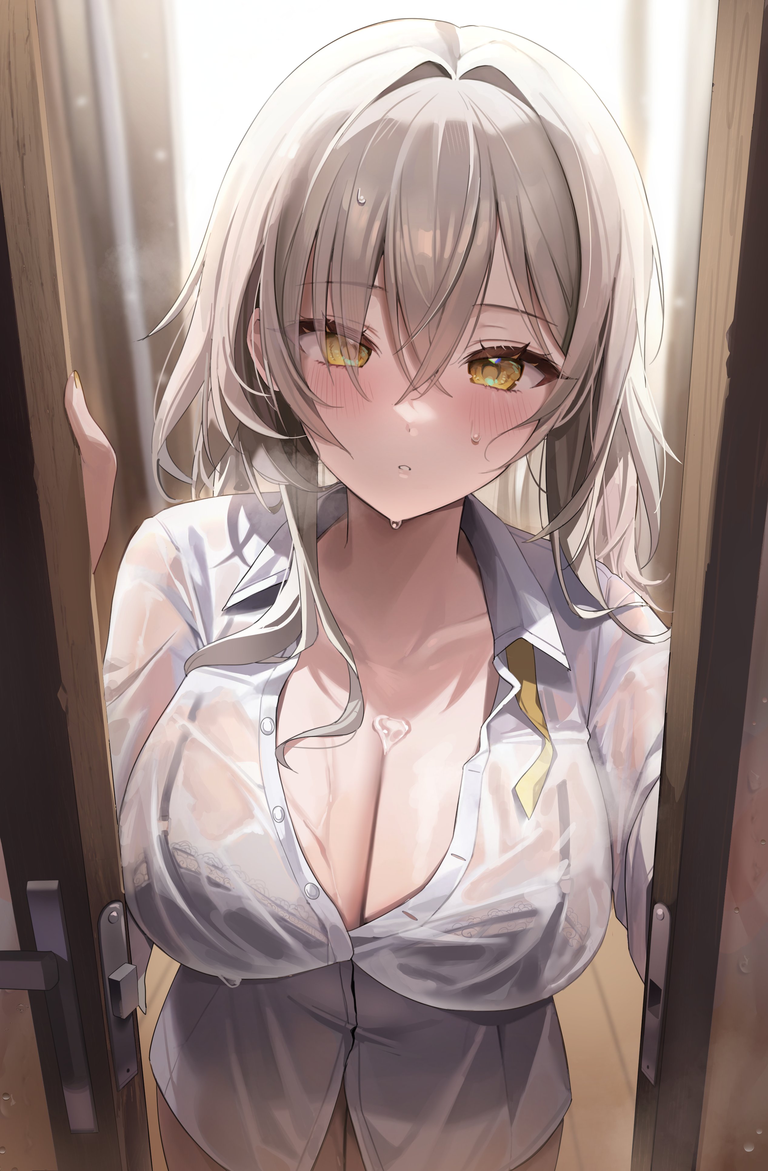 absurdres black_bra bra bra_visible_through_clothes breasts bust_cup cleavage collarbone commentary crossed_bangs door_handle door_lock doorway female grey_hair hair_between_eyes highres honkai:_star_rail honkai_(series) impossible_clothes impossible_shirt kithera large_breasts looking_at_viewer medium_hair neck_ribbon open_door partially_unbuttoned pov pov_doorway ribbon see-through see-through_shirt shirt solo stelle_(honkai:_star_rail) symbol-only_commentary trailblazer_(honkai:_star_rail) underwear undone_neck_ribbon wet wet_clothes wet_shirt white_shirt yellow_eyes