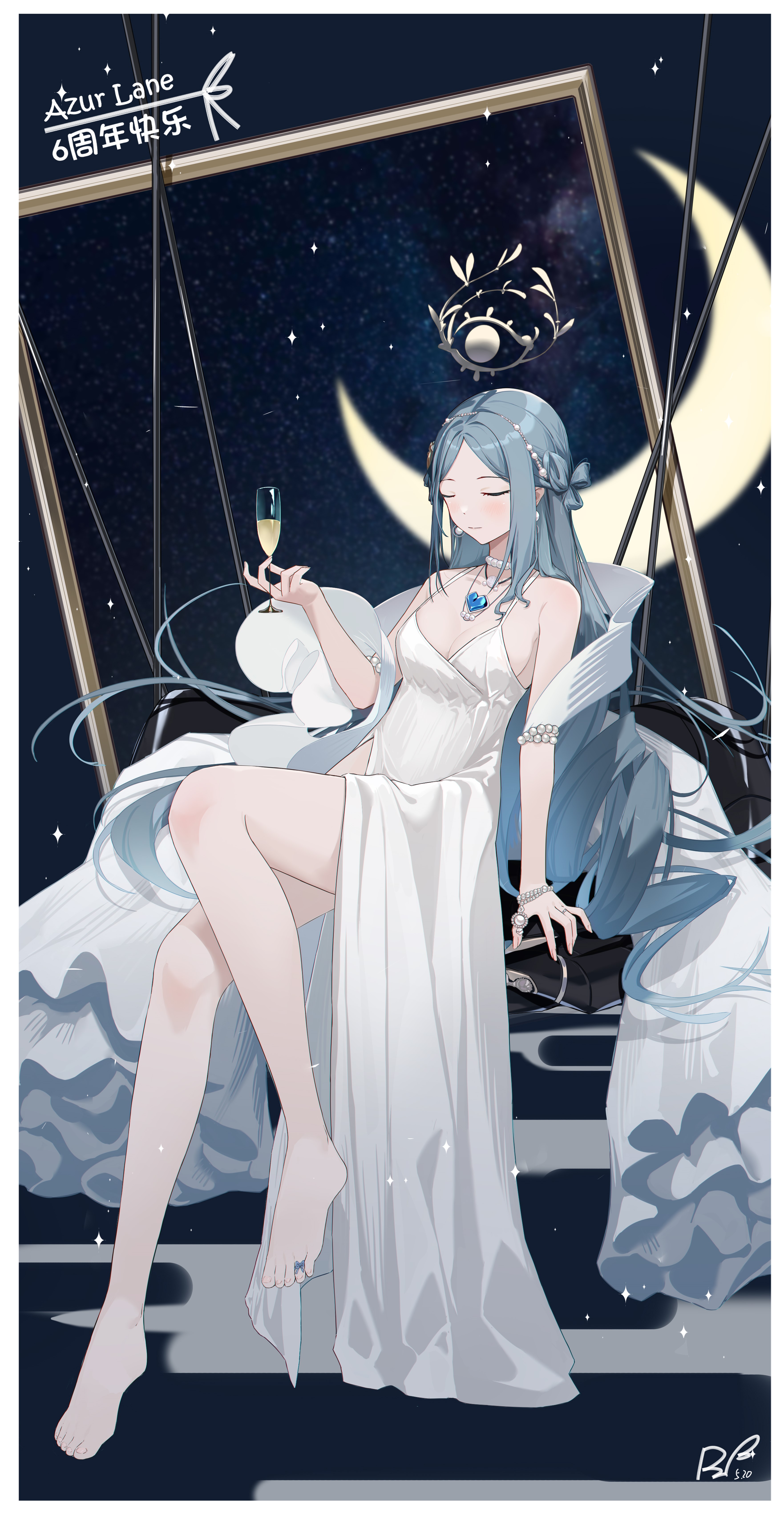 absurdres alcohol azur_lane bare_legs bare_shoulders barefoot blue_hair blush border breasts champagne champagne_(adulation_eternal)_(azur_lane) champagne_(azur_lane) champagne_flute closed_eyes closed_mouth copyright_name cup dress drinking_glass feet female full_body hand_up highres holding holding_cup jewelry knee_up legs long_hair necklace official_alternate_costume outside_border ping_zhong_yu ring signature small_breasts smile solo toenails toes very_long_hair wedding_dress wedding_ring white_border