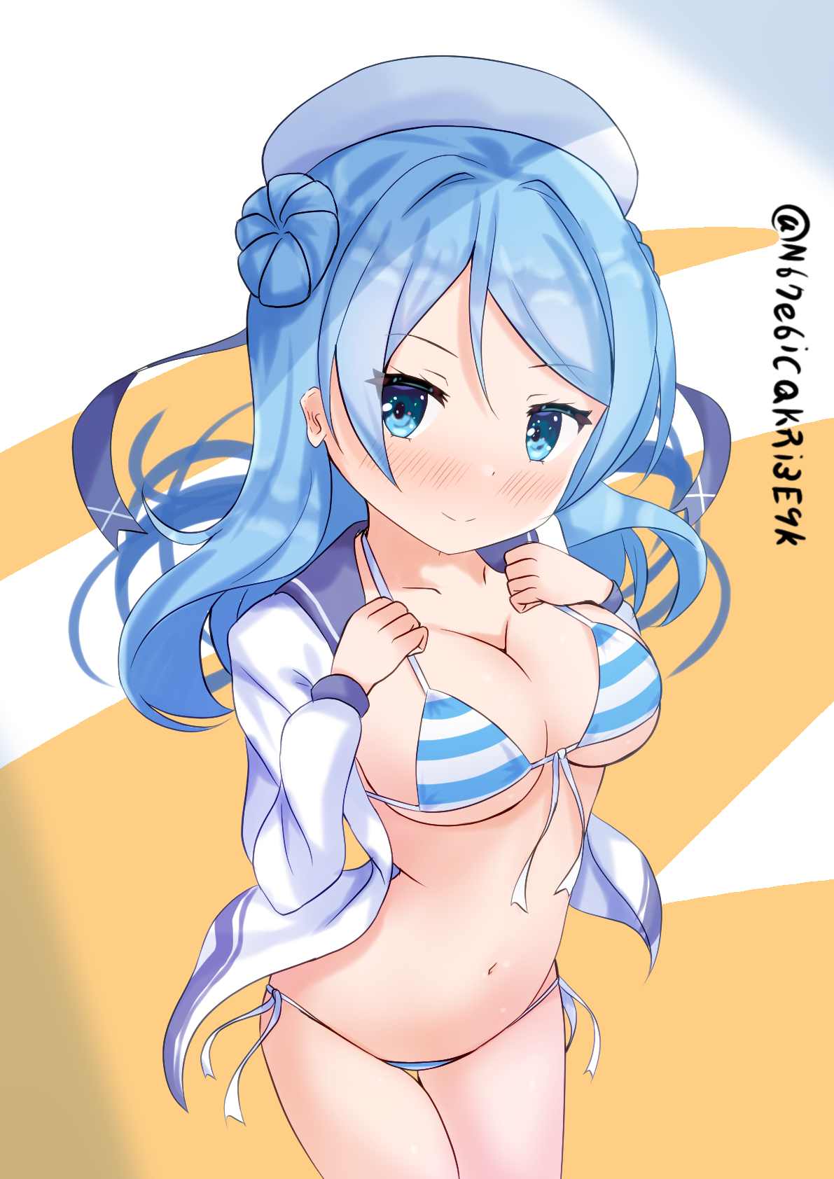 bikini blue_bikini blue_eyes blue_hair blue_sailor_collar blush breasts cowboy_shot double_bun female gradient_background hair_bun highres kantai_collection large_breasts long_hair looking_at_viewer nakatsurugi_(kasegawa_makase) open_clothes open_shirt sailor_collar smile solo striped_bikini striped_clothes swimsuit twitter_username urakaze_(kancolle) white_background white_headwear yellow_background