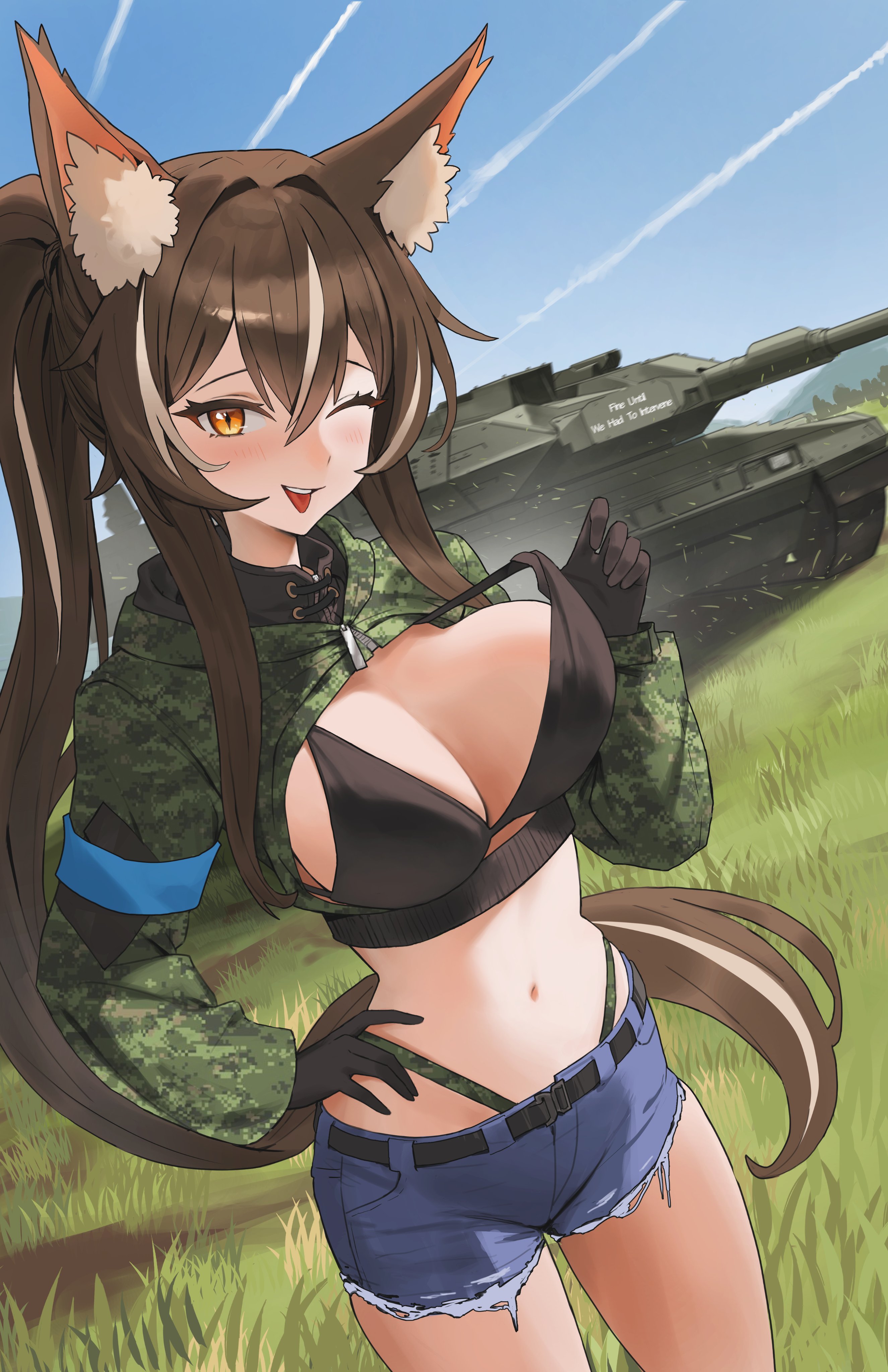 absurdres adjusting_bra adjusting_clothes animal_ear_fluff animal_ears armband bby bikini black_bikini blue_armband blush bra breasts brown_hair callisto_(greyeth) camouflage camouflage_bikini commission contrail cropped_jacket denim denim_shorts female grass hand_on_own_hip highres large_breasts leopard_2 long_hair military_vehicle motor_vehicle multicolored_hair navel one_eye_closed orange_eyes original outdoors ponytail short_shorts shorts smile solo streaked_hair swimsuit tank tongue tongue_out underwear very_long_hair