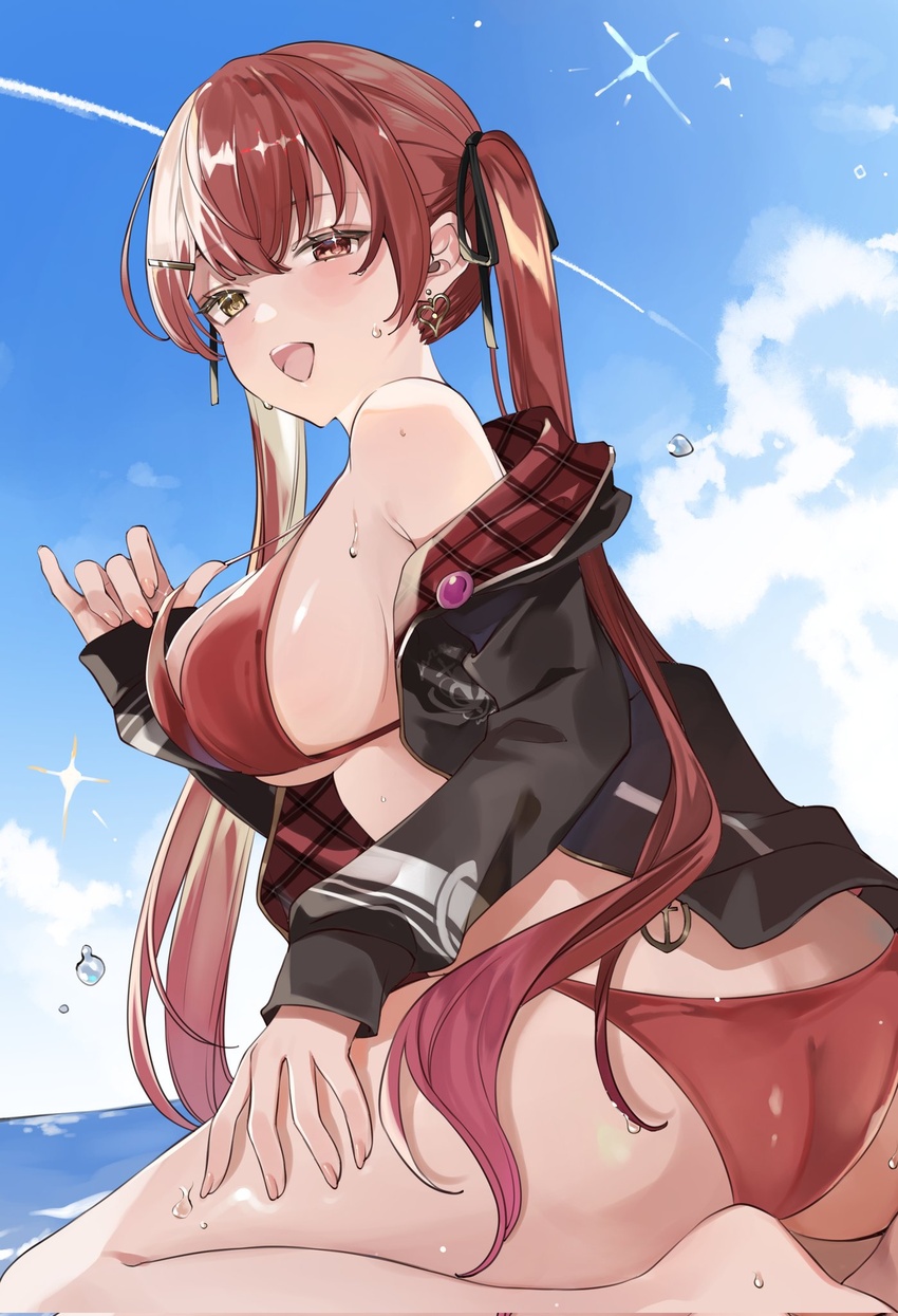 ass bare_shoulders beach bikini bikini_top_lift black_jacket black_ribbon breasts clothes_lift cloud commentary_request contrail day earrings female hair_ornament hair_ribbon hairclip hand_on_own_thigh heart heterochromia highres hololive houshou_marine houshou_marine_(summer) jacket jewelry large_breasts long_hair looking_at_viewer off_shoulder official_alternate_costume open_mouth plaid plaid_jacket red_bikini red_eyes red_hair ribbon shunka_tunacan sideboob sitting smile solo swimsuit teeth upper_teeth_only virtual_youtuber wariza water_drop yellow_eyes