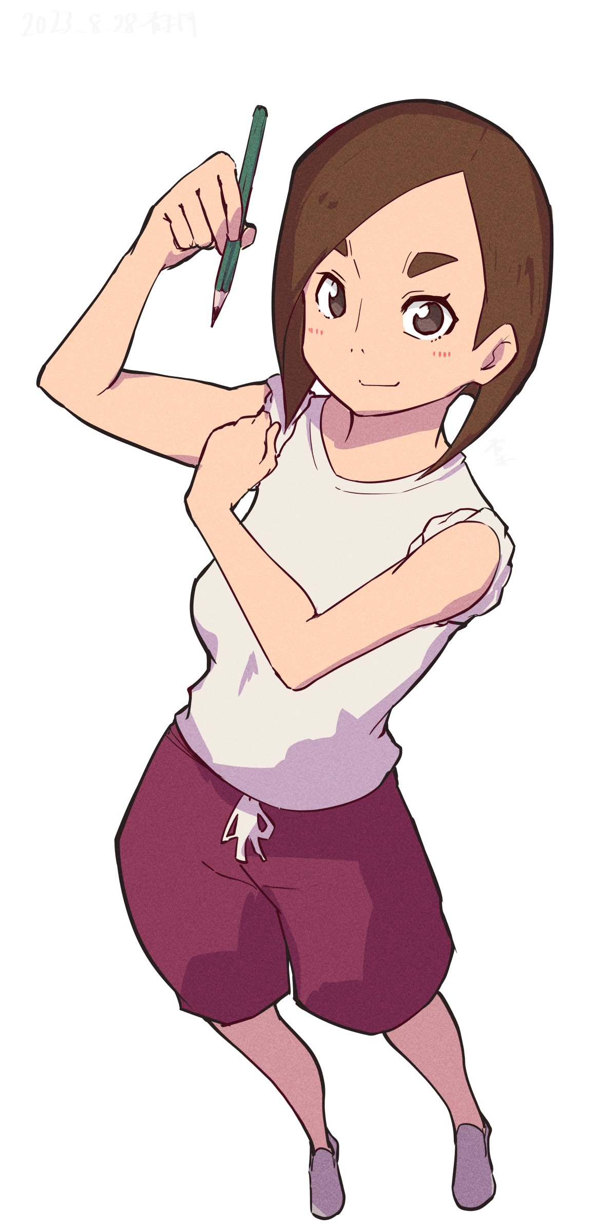 absurdres bare_shoulders bluearcadegames blunt_ends blush bob_cut breasts brown_eyes brown_hair closed_mouth commentary curled_fingers drawstring dress_shirt eizouken_ni_wa_te_wo_dasu_na! female film_grain flexing foreshortening from_above full_body hand_on_own_arm hands_up highres holding holding_pencil inverted_bob looking_at_viewer looking_up medium_breasts mizusaki_tsubame pencil red_shorts shirt shoes short_hair shorts simple_background sleeves_rolled_up smile solo standing swept_bangs t-shirt thick_eyebrows uwabaki white_background white_footwear white_shirt wooden_pencil