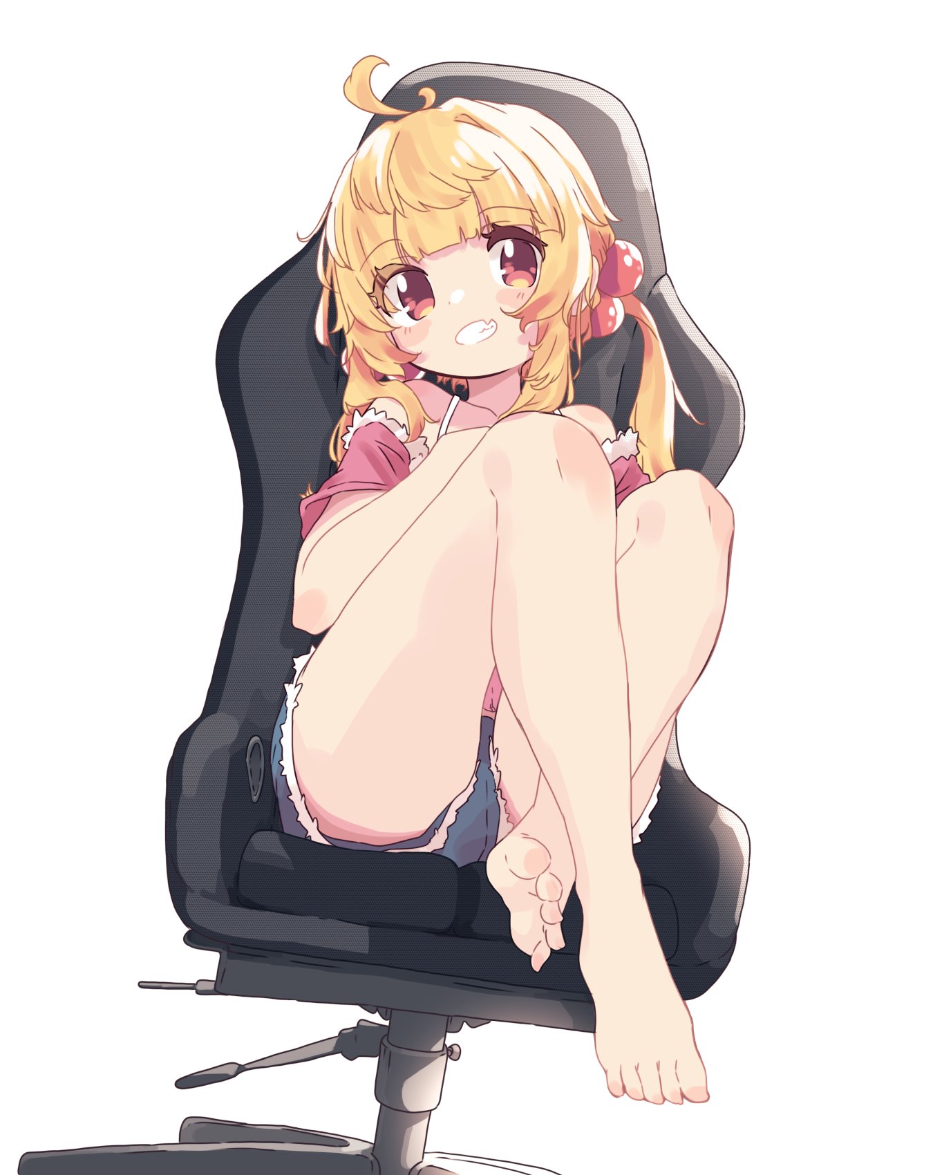 ahoge aoi_tori bare_legs bare_shoulders barefoot black_shorts blonde_hair blush chair chieri-chan_(aoi_tori) crossed_legs dorsiflexion feet female full_body gaming_chair grin hair_bobbles hair_ornament highres knees_up legs long_hair looking_at_viewer oerba_yun_fang off-shoulder_shirt off_shoulder on_chair original pink_shirt red_eyes shadow shirt short_shorts shorts side_ponytail simple_background sitting smile solo swivel_chair thighs toes twintails white_background