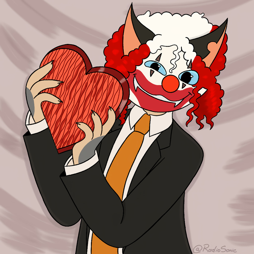 1:1 anthro blue_eyes clothed clothing clown clown_makeup clown_nose domestic_cat felid feline felis hair happy heart_symbol hi_res holidays humanoid insane lackadaisy love makeup male mammal necktie radiosonic94 red_hair rocky_rickaby simple_background solo suit valentine's_day white_hair wig