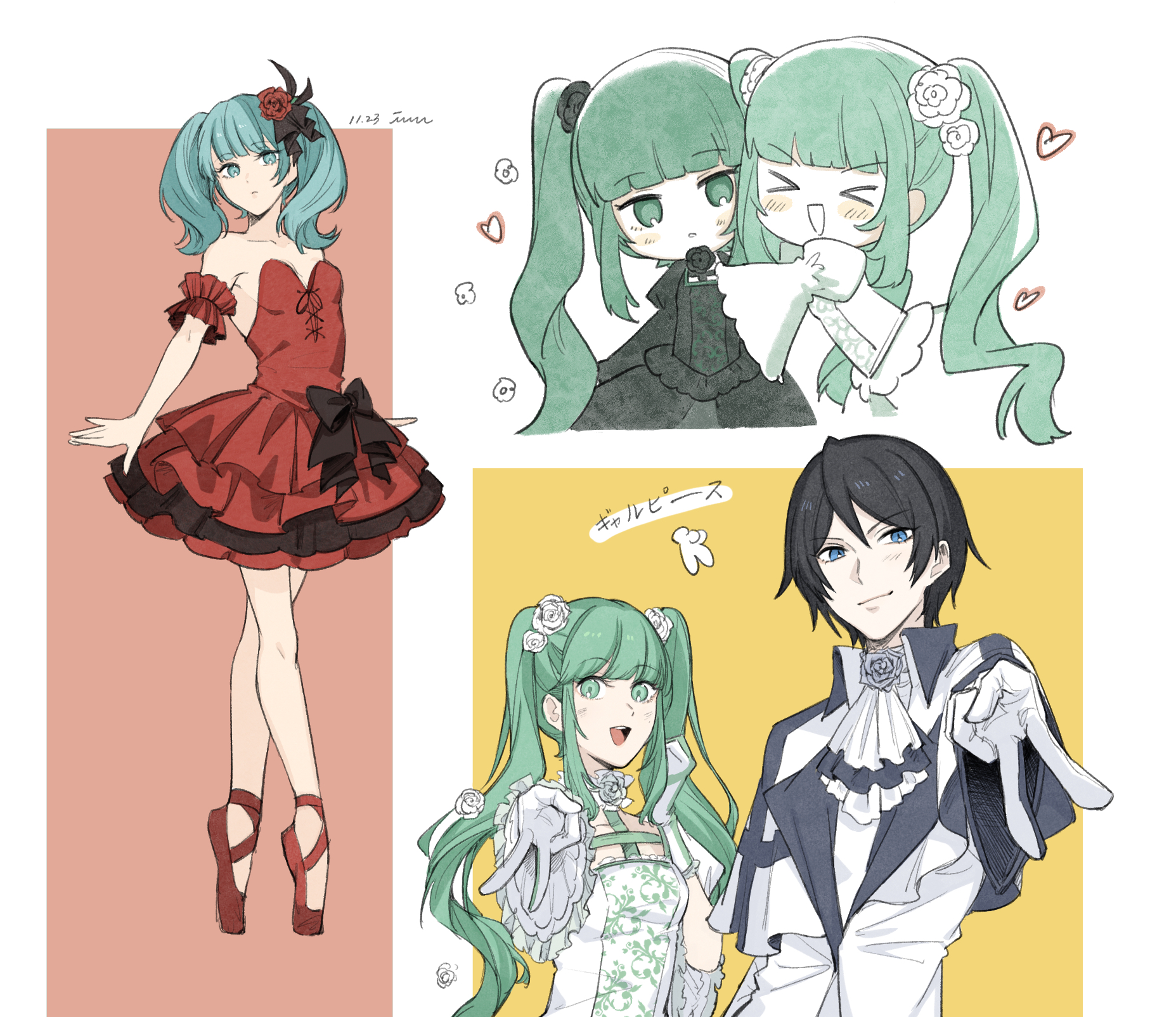 >_< 1boy 3girls alternate_color arm_garter arms_at_sides ascot ballerina ballet ballet_slippers bare_legs bare_shoulders black_bow black_dress black_flower black_hair black_rose blue_eyes blunt_bangs blush bow breasts cantarella_(vocaloid) capelet chibi choker closed_mouth commentary dated dress dual_persona en_pointe english_commentary expressionless flower flower_choker gaikotsu_gakudan_to_riria_(vocaloid) gloves gothic_lolita green_eyes green_hair hair_flower hair_ornament hand_up happy hatsune_miku heart highres hug jacket jitome juliet_sleeves kaito_(vocaloid) lolita_fashion long_hair long_sleeves looking_at_viewer medium_breasts medium_hair multiple_girls multiple_views outside_border outstretched_arm project_diva_(series) puffy_sleeves red_background red_dress red_flower red_rose rosa_bianca_(module) rosa_blue_(module) rose short_dress smile smirk soup_dumplin standing strapless strapless_dress symmetrical_pose tutu twintails up_sleeve v very_long_hair vocaloid white_ascot white_background white_dress white_flower white_gloves white_jacket white_rose wide_sleeves yellow_background