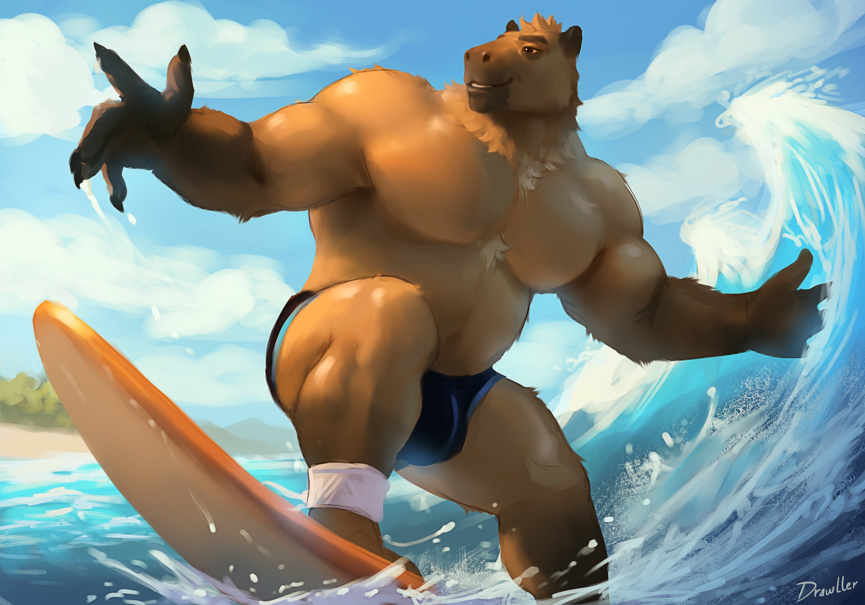 1boy bara beach belly bulge capybara_boy capybara_ears chest_tuft drawller full_body furry furry_male highres large_pectorals looking_ahead male_focus male_swimwear muscular muscular_male no_nipples ocean original outstretched_arms pectorals short_hair spread_arms standing surfboard surfing swim_briefs thick_thighs thighs topless_male water