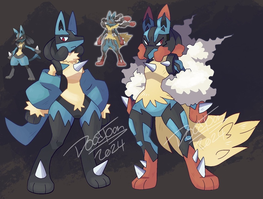 anthro black_background black_body black_fur blue_body blue_fur chest_spike doodtoon fur generation_4_pokemon generation_6_pokemon hi_res lucaria_(doodtoon) lucario mega_evolution mega_lucario nintendo pokemon pokemon_(species) red_body red_eyes red_fur signature simple_background sleeves solo spikes spikes_(anatomy) tan_body tan_fur