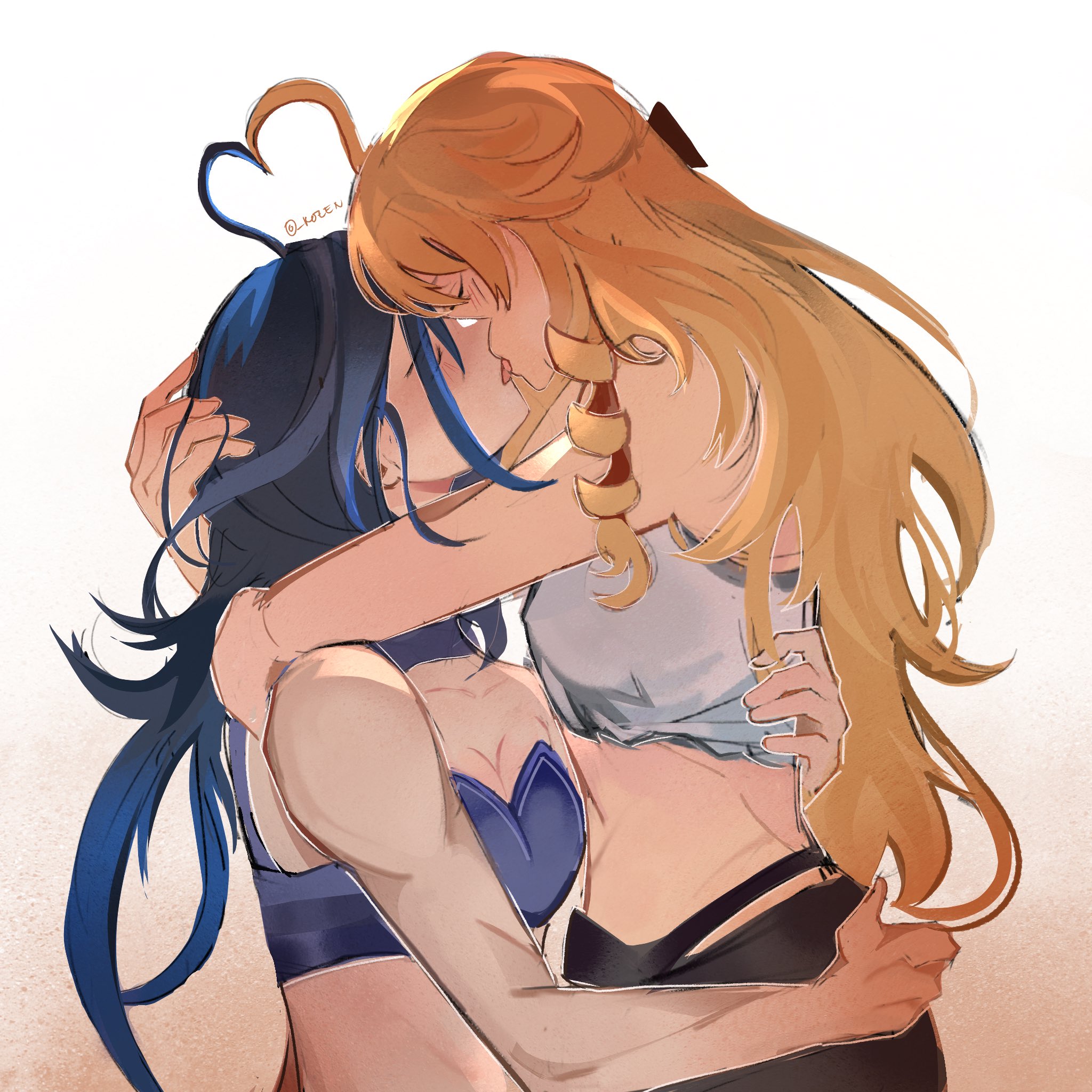 2girls bare_arms bare_shoulders blonde_hair blue_hair breasts cleavage clorinde_(genshin_impact) closed_eyes commentary crop_top drill_hair drill_sidelocks english_commentary genshin_impact gradient_background heart_ahoge_duo highres hug kissing long_hair midriff multiple_girls navia_(genshin_impact) no_headwear rozen_(og_rozen) sidelocks stomach strapless tube_top upper_body very_long_hair yuri