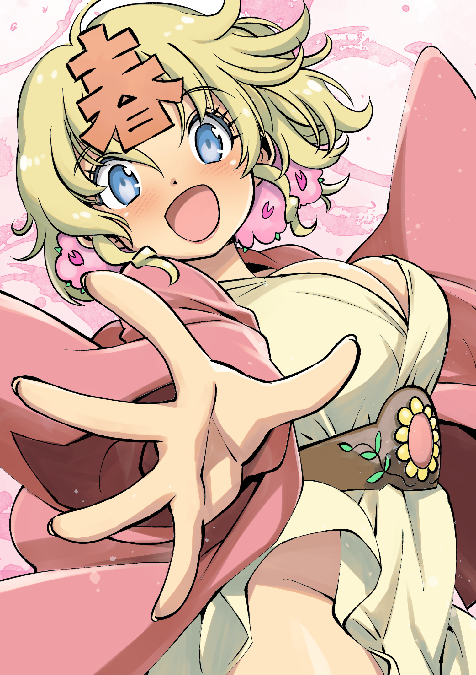 :d blonde_hair blue_eyes blush breasts cleavage dress eyelashes female flower hair_flower hair_ornament haori haru-chan highres japanese_clothes large_breasts long_sleeves looking_at_viewer muramasa_mikado nhk_(broadcaster) no_panties open_mouth pink_flower pink_haori short_hair smile solo white_dress wide_sleeves