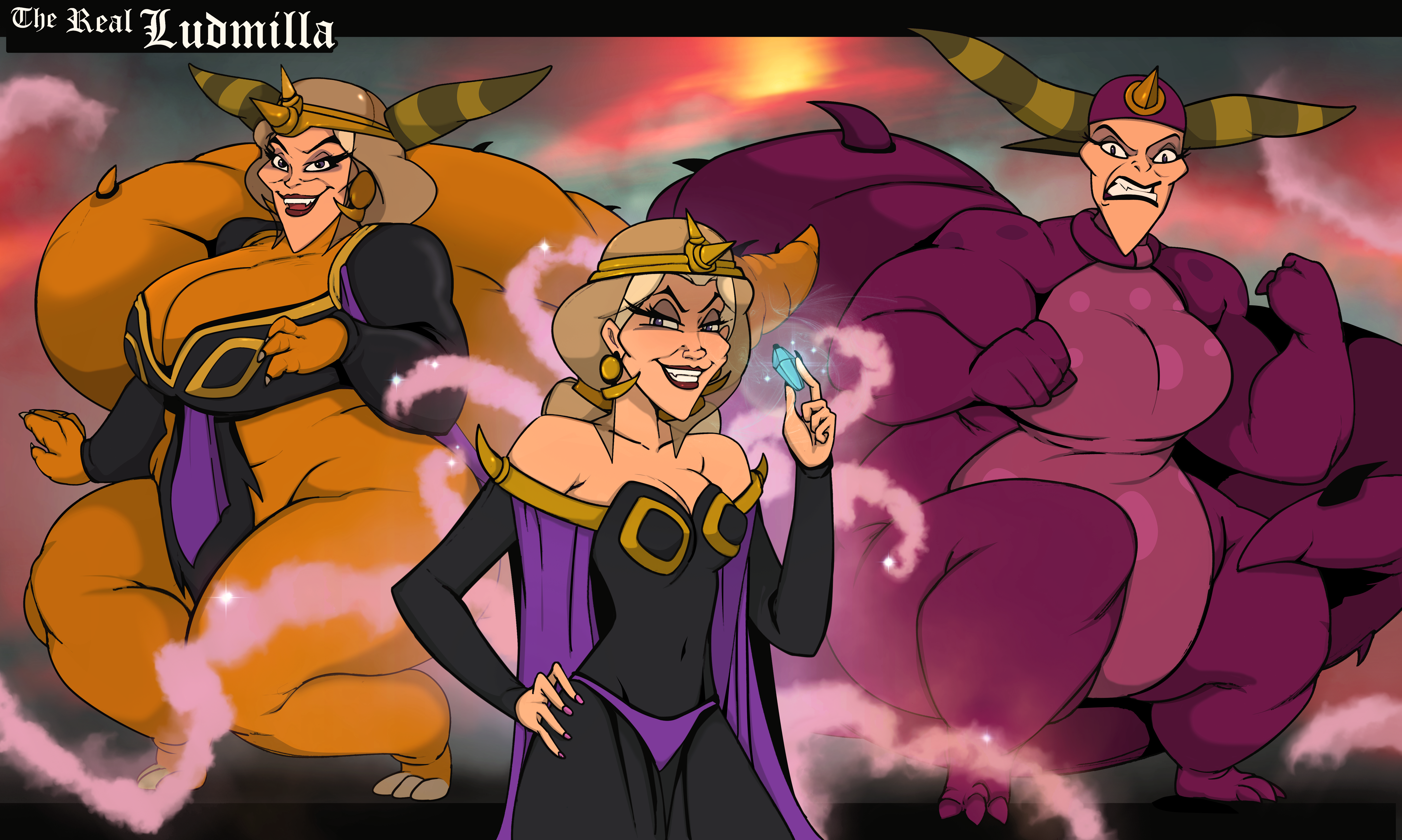 2018 5_fingers absurd_res animal_humanoid anthro bartok_the_magnificent big_breasts big_tail blonde_hair breasts chronorin cleavage clothed clothing colored_nails digital_drawing_(artwork) digital_media_(artwork) dragon dragon_humanoid english_description english_text evil_grin female fingers fist frown hair hi_res holding_jewelry holding_object horn human humanoid jewelry letterbox lipstick looking_at_viewer ludmilla_(bartok) makeup mammal mid_transformation mythological_creature mythological_scalie mythology nails open_mouth orange_body orange_breasts orange_scales purple_body purple_breasts purple_eyes purple_lipstick purple_nails purple_scales scales scalie scowl sharp_tooth slightly_chubby slightly_chubby_female smile solo striped_horn stripes tail text white_text