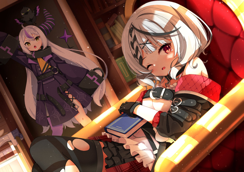 100ton250 2girls absurdres ahoge bird black_gloves black_hair black_jacket black_thighhighs blush book bookshelf braid collar crow_(la+_darknesss) demon_horns dress dutch_angle gloves grey_hair hair_ornament highres hololive horns indoors jacket la+_darknesss la+_darknesss_(1st_costume) light_particles long_hair long_sleeves looking_at_another looking_at_viewer lying medium_hair metal_collar multicolored_hair multiple_girls on_back open_clothes open_jacket open_mouth parted_lips plaid plaid_skirt purple_dress purple_hair purple_legwear sakamata_chloe sakamata_chloe_(1st_costume) shirt sideways_glance single_thighhigh skirt streaked_hair thighhighs torn_clothes torn_thighhighs very_long_hair virtual_youtuber white_shirt x_hair_ornament yellow_eyes