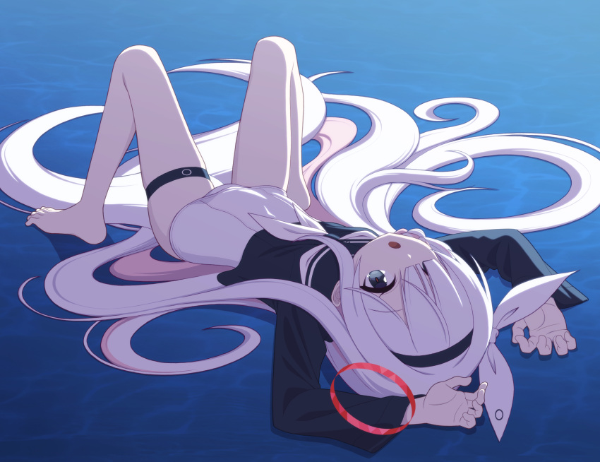 :o absurdly_long_hair alternate_color_school_swimsuit arms_up barefoot black_eyes black_hairband black_sailor_collar black_shirt blue_archive blunt_bangs colored_inner_hair commentary commentary_request feet female hair_over_one_eye hair_ribbon hairband halo highres knees_up legs long_hair long_sleeves looking_at_viewer lying multicolored_hair neckerchief old_school_swimsuit on_back one-piece_swimsuit open_mouth pink_hair pink_halo pink_pupils plana_(blue_archive) ribbon sailor_collar school_swimsuit school_uniform serafuku shirt sizque solo swimsuit swimsuit_under_clothes thigh_strap toes two-tone_hair very_long_hair white_hair white_neckerchief white_one-piece_swimsuit white_ribbon wide_sleeves