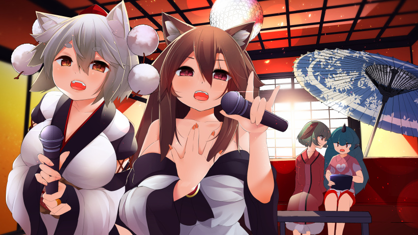 4girls :d absurdres animal_ears breasts brown_hair cleavage couch dog_ears dog_girl dress green_eyes green_hair highres hira_(nanika_no_heya) holding holding_microphone horns imaizumi_kagerou indoors inubashiri_momiji japanese_clothes karaoke kasodani_kyouko kimono komano_aunn long_hair long_sleeves looking_at_viewer microphone multiple_girls music nail_polish off-shoulder_dress off_shoulder oil-paper_umbrella open_mouth pink_dress red_eyes red_nails red_shirt shirt short_hair short_sleeves singing single_horn sitting smile tail touhou umbrella white_dress white_hair white_kimono wolf_ears wolf_girl wolf_tail