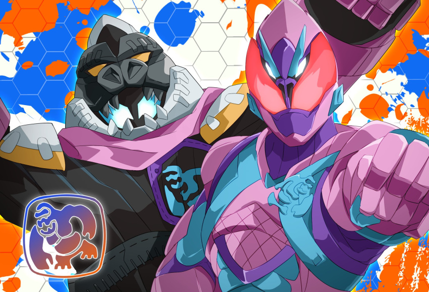 2boys adapted_costume animal_hood armor arms_up clenched_hand extra_eyes fangs gorilla highres hood kamen_rider kamen_rider_revi kamen_rider_revice kamen_rider_vice kong_genome miyabi_(037) multiple_boys orange_eyes pink_scarf pose scarf sharp_teeth stamp_mark teeth tokusatsu white_eyes yellow_eyes