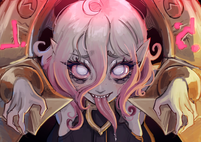 absurdres ahoge artist_name bound bound_wrists briar_(league_of_legends) chained_wrists colored_sclera female grey_eyes grey_hair hair_between_eyes hands_up hexyraart highres league_of_legends long_tongue looking_at_viewer pillory pink_hair pink_sclera pointy_ears sharp_teeth signature smile solo teeth tongue tongue_out upper_teeth_only