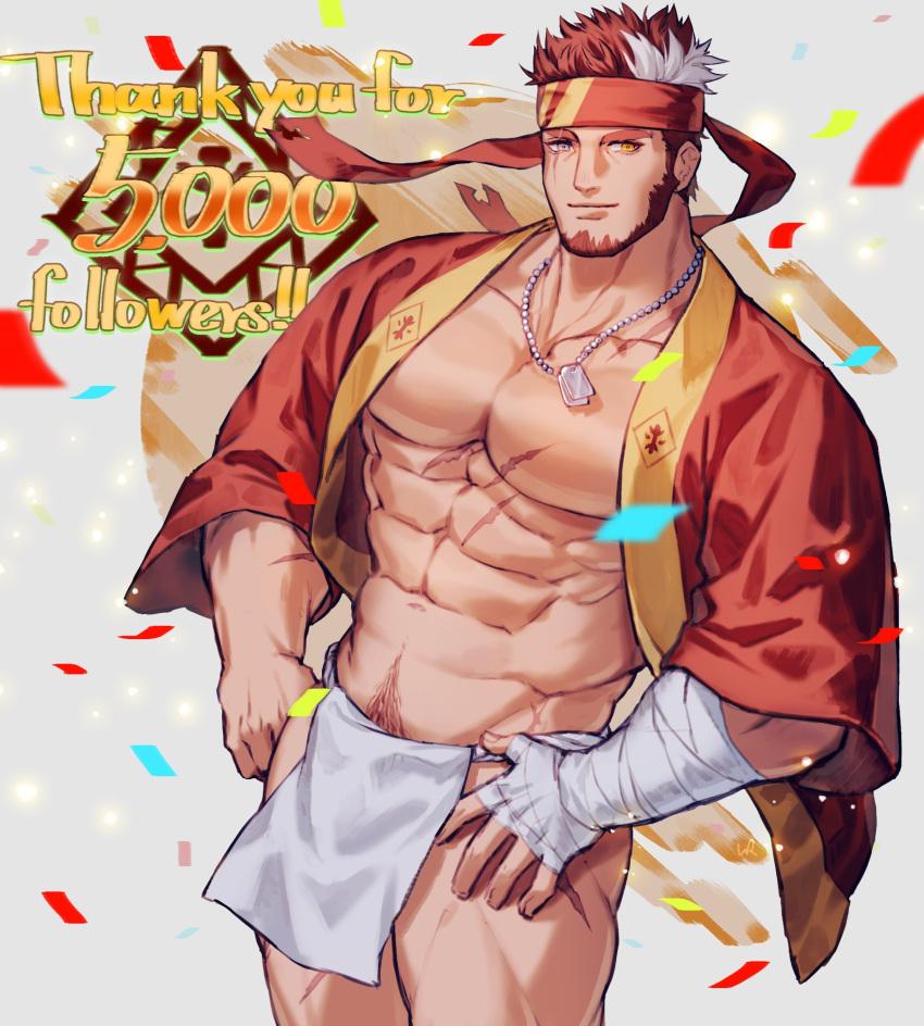 1boy abs bandaged_hand bandages bara bare_pectorals beard brown_eyes closed_mouth commission confetti english_text facial_hair fundoshi grey_eyes headband heterochromia highres indie_virtual_youtuber japanese_clothes jewelry large_pectorals male_focus male_pubic_hair milestone_celebration multicolored_hair muscular muscular_male navel necklace open_clothes pectorals pubic_hair red_hair red_headband ryuugen_drake scar scar_across_eye scar_on_chest scar_on_face second-party_source short_hair skeb_commission smile solo thank_you two-tone_hair uori virtual_youtuber white_hair