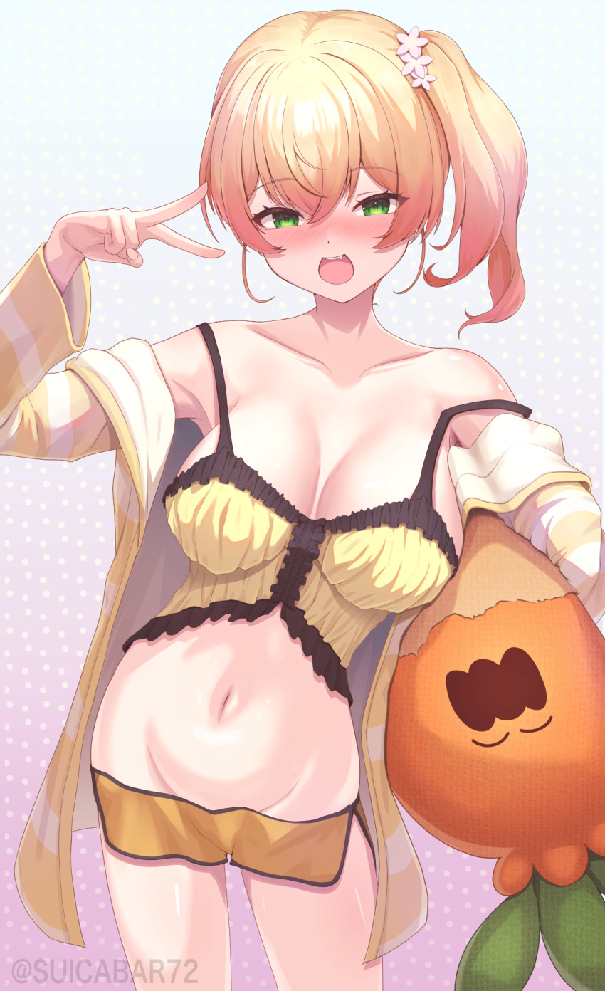 :d arm_up blonde_hair blush breasts cosplay female gradient_background green_eyes highres hololive jacket large_breasts loungewear momosuzu_nene multicolored_hair natsuiro_matsuri natsuiro_matsuri_(cosplay) natsuiro_matsuri_(matsuri's_day_off) navel nekko_(momosuzu_nene) open_clothes open_jacket ponytail side_ponytail smile solo stomach suicabar72 two-tone_hair v virtual_youtuber watermark