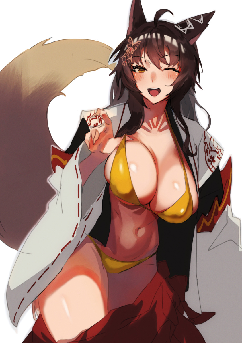 ;d ahoge animal_ears blush bra breasts brown_eyes brown_hair butterfly_hair_ornament cleavage commentary_request cowboy_shot female fox_ears fox_tail fumi_(1st_costume)_(nijisanji) fumi_(nijisanji) hair_ornament hakama hakama_pull hakama_skirt highres japanese_clothes large_breasts long_hair looking_at_viewer murechika navel nijisanji one_eye_closed open_clothes open_mouth panties red_hakama ribbon-trimmed_sleeves ribbon_trim simple_background skirt smile solo stomach tail teeth underwear upper_teeth_only virtual_youtuber white_background wide_sleeves yellow_bra yellow_panties