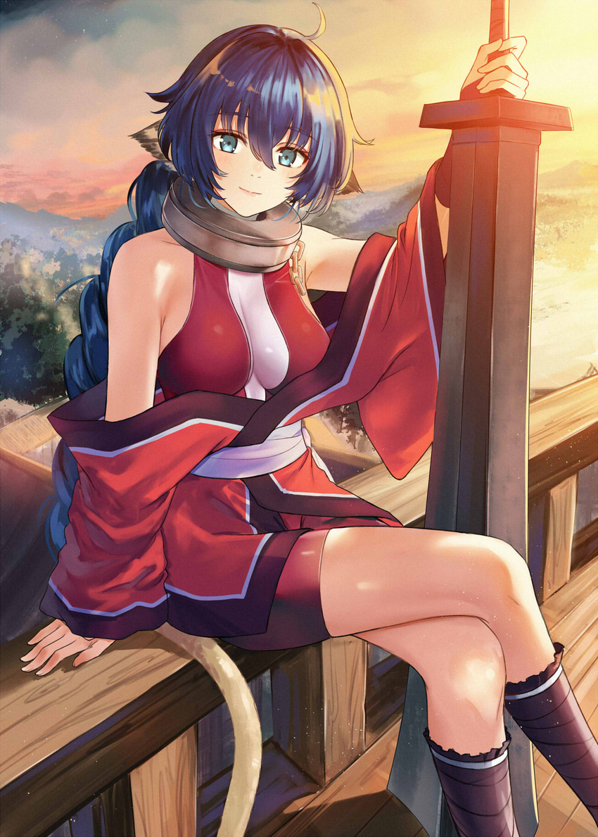 animal_ears bare_shoulders blue_eyes blue_hair braid breasts cat_ears cat_girl cat_tail closed_mouth collar commentary_request crossed_legs female hair_between_eyes highres holding holding_sword holding_weapon isshiki_(ffmania7) karulau large_breasts light_smile long_hair looking_at_viewer metal_collar sitting smile solo sword tail utawarerumono very_long_hair weapon