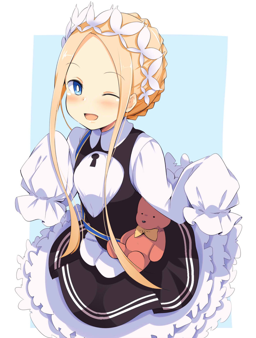 :d ;d abigail_williams_(fate) abigail_williams_(festival_outfit)_(fate) alternate_costume alternate_hair_ornament black_dress blonde_hair blue_background blue_eyes blush bow braid chata_maru_(irori_sabou) commentary dress fate/grand_order fate_(series) female frills headdress highres keyhole long_hair looking_at_viewer maid_day official_alternate_costume one_eye_closed open_mouth orange_bow sidelocks simple_background sleeves_past_wrists smile stuffed_animal stuffed_toy teddy_bear tied_hair white_background white_dress