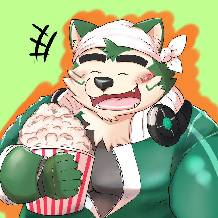 1:1 2021 anthro black_nose blush canid canine canis closed_eyes cute_fangs domestic_dog electronics food fur green_body green_fur headphones headphones_around_neck hi_res humanoid_hands kemono lifewonders live_a_hero male mammal mohumohudansi mokdai overweight overweight_anthro overweight_male popcorn solo