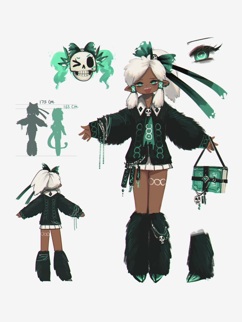 >_o 2girls :d absurdres book cecile_(porforever) commentary dark-skinned_female dark_skin earclip english_commentary green_eyes green_hair hair_ornament hair_tubes height_chart highres leg_warmers long_sleeves looking_at_viewer multiple_girls multiple_views necromancer necromancer_(porforever) one_eye_closed open_mouth original outstretched_arms pointy_ears ponytail porforever sharp_teeth silhouette simple_background skull skull_hair_ornament smile spread_arms teeth twintails white_background white_hair