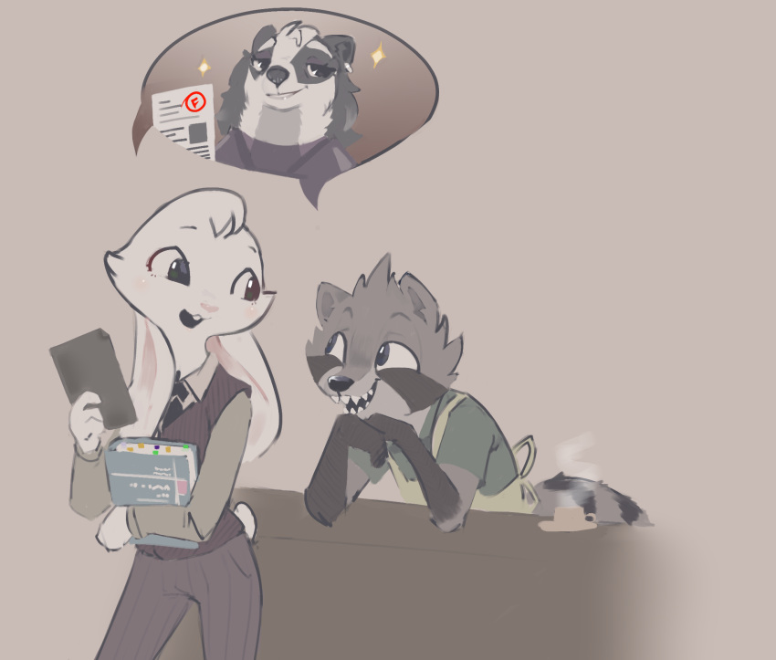 2022 anthro apron badger beverage book buckteeth calvin_lapin_(spiff) ciwi clothed clothing coffee coffee_cup container cup digital_media_(artwork) fan_character female ftm_crossgender fully_clothed fur grey_body grey_fur head_tuft hi_res holding_book holding_object lagomorph leporid male mammal mtf_crossgender mustelid musteline necktie open_mouth open_smile pictographics procyonid rabbit raccoon rule_63 samantha_hochschild sharp_teeth smile speech_bubble teeth topwear tristan_growlagher_(spiff) tuft vest white_body white_fur