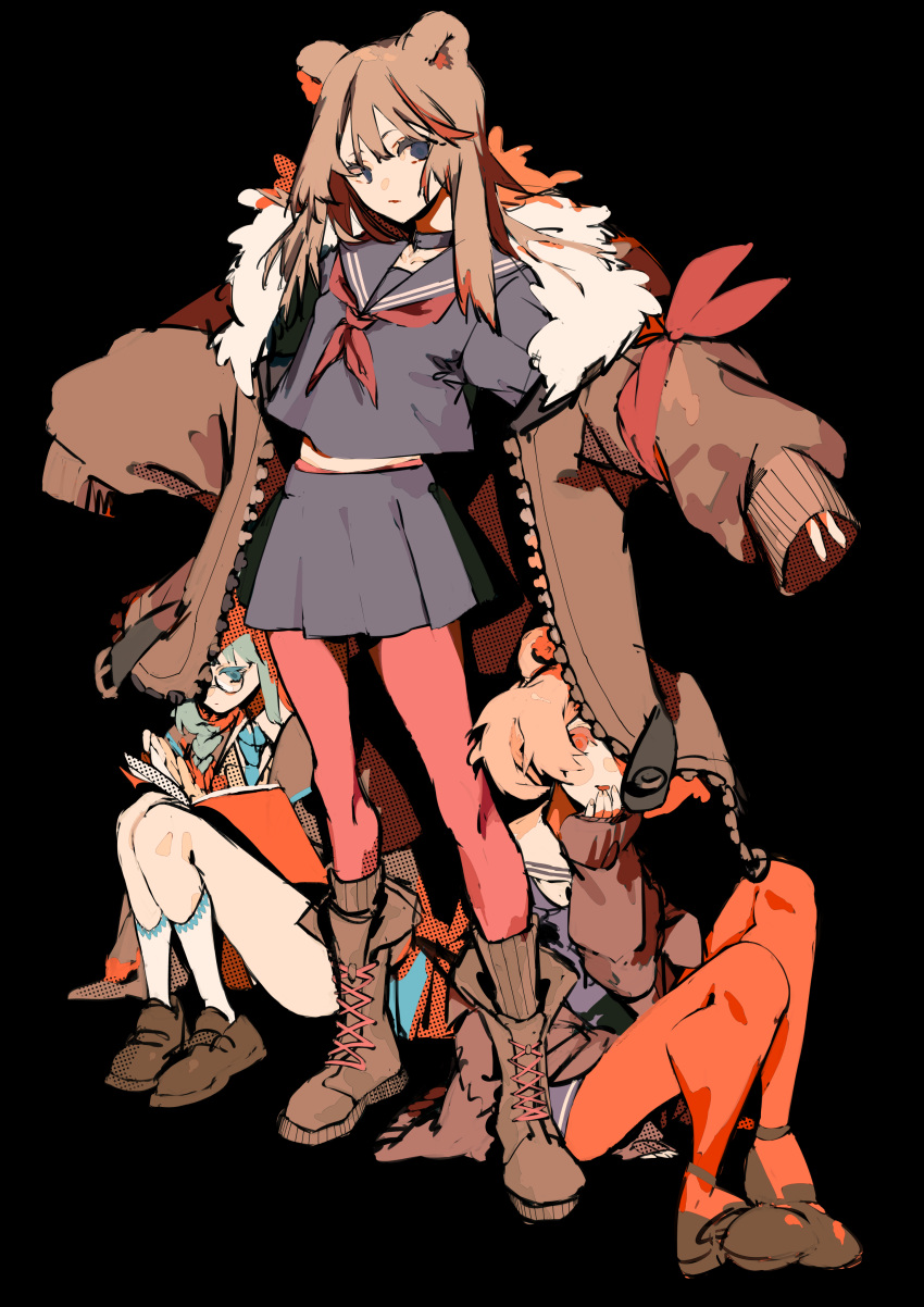 3girls absurdres animal_ears arknights bear_ears black_background black_choker black_serafuku black_skirt blue_eyes blue_neckwear book boots breasts brown_footwear brown_hair brown_jacket choker closed_mouth commentary_request full_body fur-trimmed_jacket fur_trim glasses grey_eyes gummy_(arknights) hair_between_eyes highres holding holding_book istina_(arknights) jacket long_hair long_sleeves looking_at_viewer looking_down matumot medium_breasts multicolored_hair multiple_girls neckerchief necktie off_shoulder one_eye_covered open_clothes orange_pantyhose pantyhose parted_lips reading red_eyes red_hair red_legwear red_neckerchief red_ribbon ribbon sailor_collar school_uniform serafuku shirt shoelaces shoes simple_background sitting skirt sleeves_past_fingers sleeves_past_wrists smile socks standing streaked_hair white_legwear zima_(arknights)