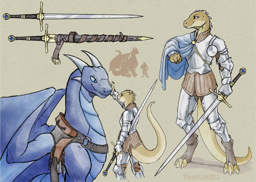 ambiguous_gender anthro armor blue_body blue_scales cape clothing digitigrade dragon duo eye_contact feral longsword looking_at_another mythological_creature mythological_scalie mythology plate_armor saddle scales scalie sword_sheath tail tamlin123