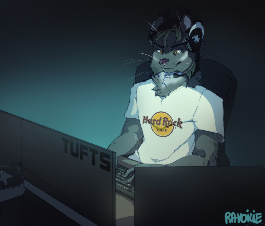 2020 anthro clothed clothing digital_media_(artwork) electronics felid feline fur grey_body grey_fur headphones hi_res keyboard krymson lynx male mammal ravoilie sitting smile solo whiskers