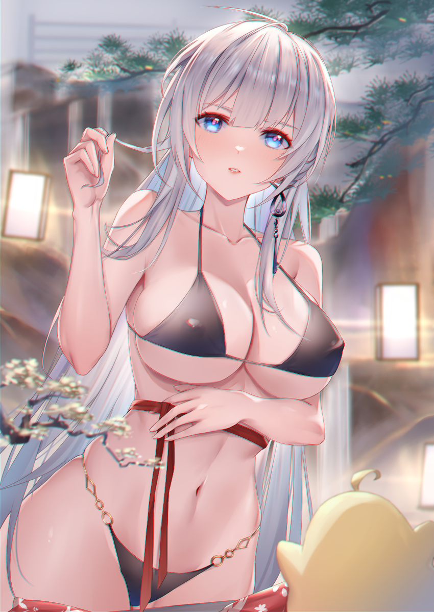 arm_under_breasts azur_lane bikini bird black_bikini blue_eyes blush breasts chick chinese_commentary cleavage collarbone commentary_request covered_nipples cowboy_shot earrings female hand_up highres holding holding_own_hair jewelry lantern large_breasts long_hair looking_at_viewer mainz_(azur_lane) mainz_(the_silkiest_brew)_(azur_lane) manjuu_(azur_lane) navel no_shirt o-ring o-ring_bikini official_alternate_costume onsen paper_lantern parted_lips red_sash sash sidelocks signature single_earring sking standing stomach swimsuit tree very_long_hair white_hair