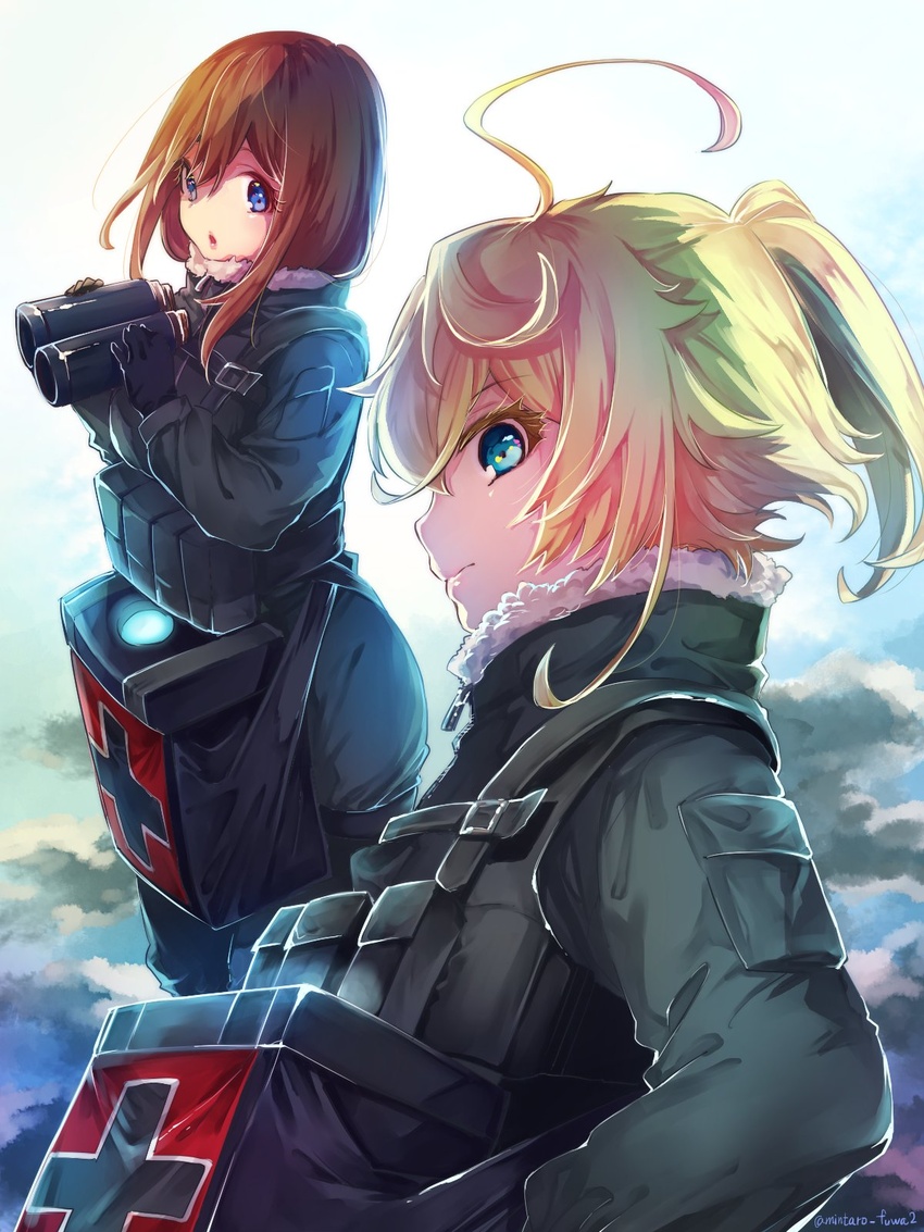 2girls ahoge binoculars black_gloves blonde_hair blue_eyes brown_hair closed_eyes cloud cloudy_sky commentary_request day english_commentary gloves green_eyes grey_jumpsuit highres holding holding_binoculars jumpsuit long_hair long_sleeves looking_at_viewer medium_hair messy_hair military military_uniform mixed-language_commentary multiple_girls open_mouth outdoors ponytail sky tanya_degurechaff todo-akira twitter_username uniform viktoriya_ivanovna_serebryakov youjo_senki