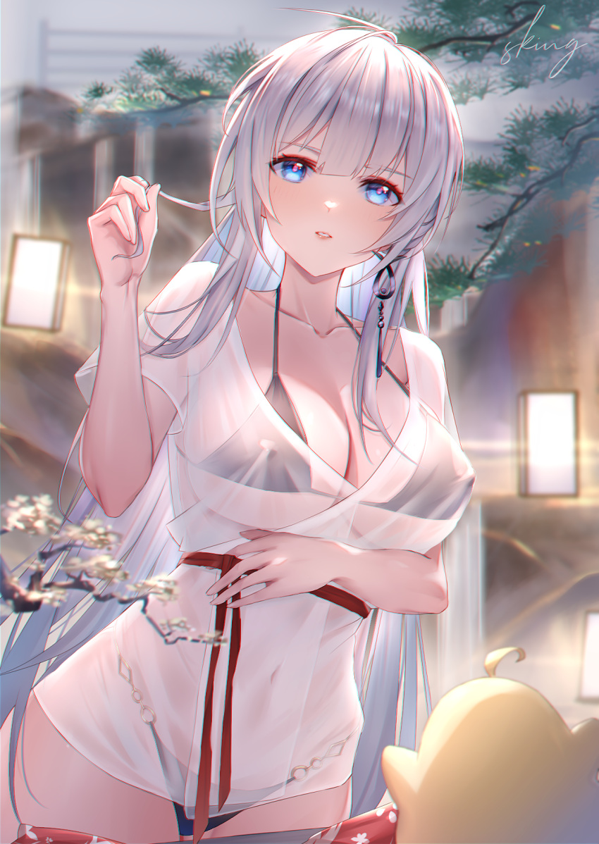 arm_under_breasts azur_lane bikini bikini_under_clothes bird black_bikini blue_eyes blush breasts chick chinese_commentary cleavage collarbone commentary_request covered_nipples cowboy_shot earrings female hand_up highres holding holding_own_hair jewelry lantern large_breasts long_hair looking_at_viewer mainz_(azur_lane) mainz_(the_silkiest_brew)_(azur_lane) manjuu_(azur_lane) navel o-ring o-ring_bikini official_alternate_costume onsen paper_lantern parted_lips red_sash sash see-through see-through_shirt shirt sidelocks signature single_earring sking standing stomach swimsuit swimsuit_under_clothes tree very_long_hair white_hair