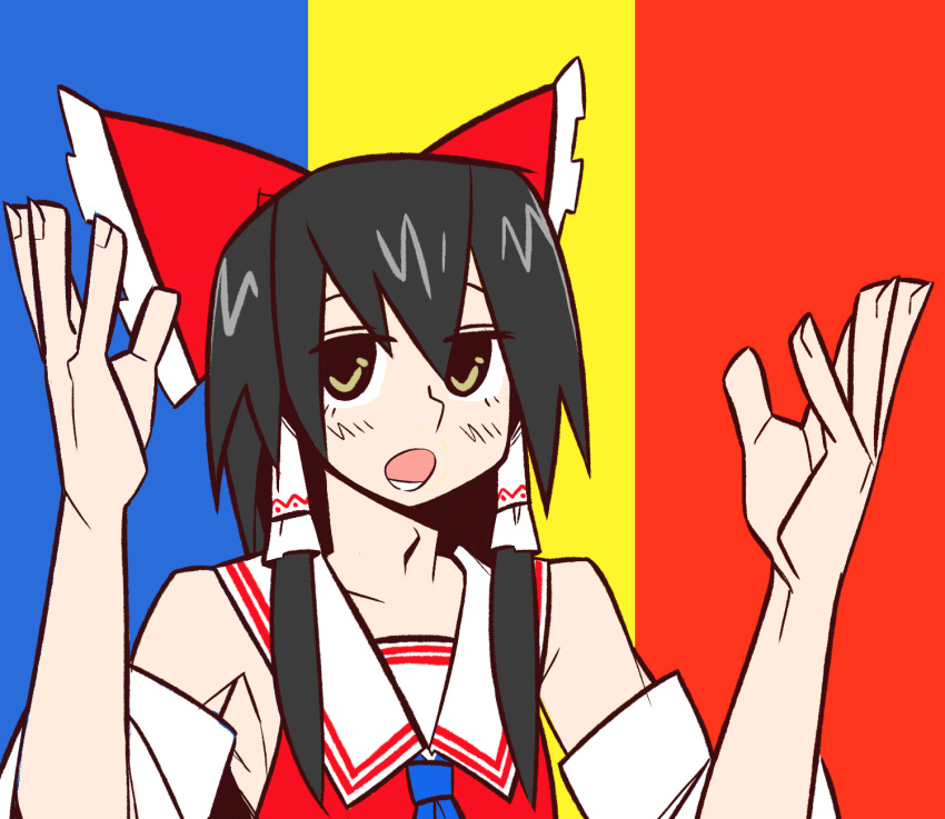 1boy arms_up atama_ga_paan_(meme) black_hair blue_background blue_necktie bow commentary_request cookie_(touhou) detached_sleeves frilled_bow frilled_hair_tubes frills hair_between_eyes hair_tubes hairbow hakurei_reimu highres long_hair looking_at_viewer male_focus meme mugi_(cookie) multicolored_background necktie open_mouth otoko_no_ko parody red_background red_bow red_shirt scotch_(cookie) shirt sleeveless sleeveless_shirt soka_gakkai_international solo touhou upper_body white_sleeves yellow_background