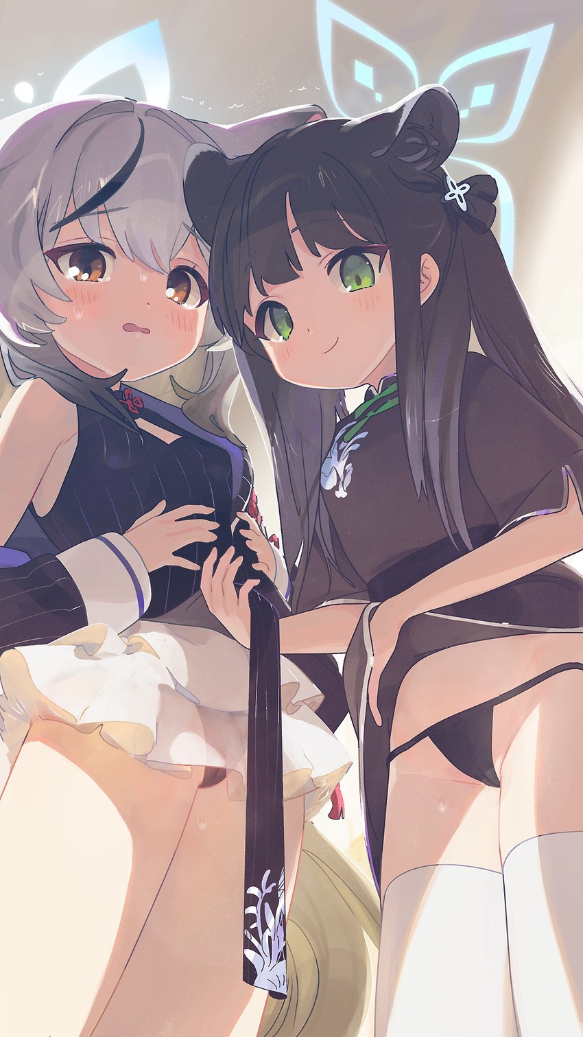 2girls animal_ears black_dress black_hair black_panties blue_archive blush brown_eyes closed_mouth clothes_lift clothing_cutout commentary_request dress dress_lift green_eyes grey_hair halo highres kokona_(blue_archive) lifted_by_another lifted_by_self long_hair looking_at_viewer multicolored_hair multiple_girls panties shun_(blue_archive) shun_(small)_(blue_archive) siblings sisters smile soe standing streaked_hair striped striped_dress tears thighhighs thighs underwear vertical-striped_dress vertical_stripes white_thighhighs