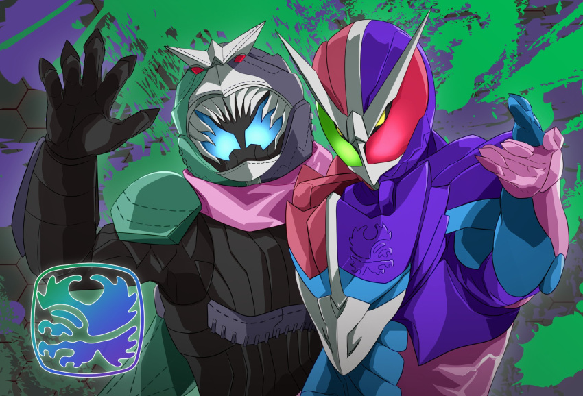 2boys armor belt bird commentary eagle eagle_genome green_eyes helmet heterochromia highres hood kamen_rider kamen_rider_revi kamen_rider_revice kamen_rider_vice male_focus miyabi_(037) multiple_boys pink_armor red_eyes revice_driver rex_genome splatter splatter_background stamp_mark tail tailcoat vistamp