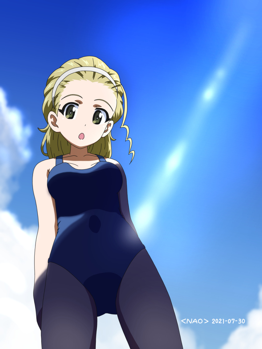 :o arms_behind_back artist_name blonde_hair blue_one-piece_swimsuit blue_sky breasts brown_eyes cloud cloudy_sky commentary dated day female girls_und_panzer hair_pulled_back hairband highres long_hair looking_at_viewer looking_down medium_breasts naotosi one-piece_swimsuit outdoors ponytail sasaki_akebi school_swimsuit shade sky solo standing swimsuit white_hairband