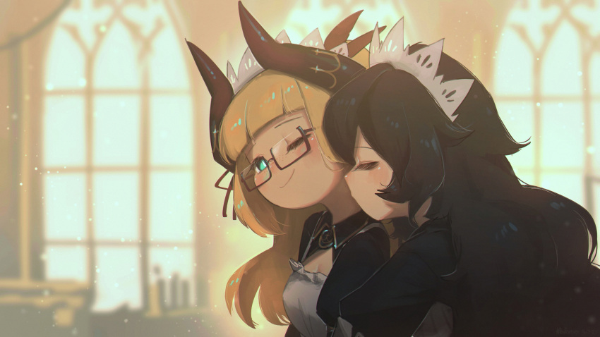 2girls ;) absurdres aqua_eyes black_hair blonde_hair blunt_bangs blurry blurry_background borrowed_character commentary executioner_maid_(centuriic) eyelashes flareze_(porforever) freckles glasses highres horns indoors light_particles long_sleeves maid maid_headdress multiple_girls one_eye_closed original porforever puffy_sleeves rectangular_eyewear semi-rimless_eyewear smile symbol-only_commentary under-rim_eyewear window yuri