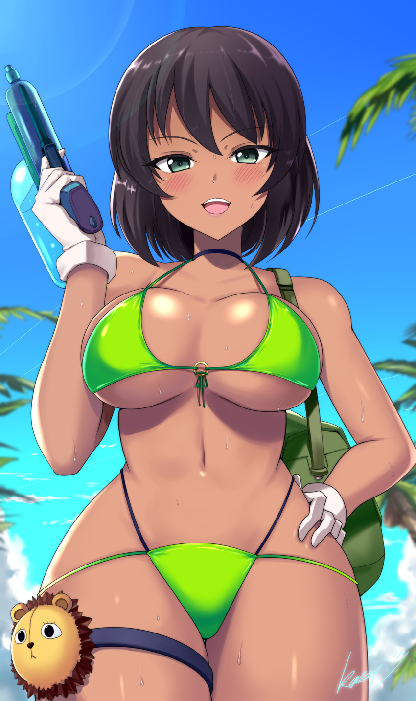 bag bikini black_hair blue_sky blush breasts choker commentary_request commission dark-skinned_female dark_skin duffel_bag female girls_und_panzer gloves green_bikini green_eyes hand_on_own_hip hand_up highres holding holding_water_gun hoshino_(girls_und_panzer) kasai_shin large_breasts leopon_(animal) navel open_mouth palm_tree pixiv_commission short_hair sky solo stomach strap_gap swimsuit thigh_strap tree water_gun wet white_gloves