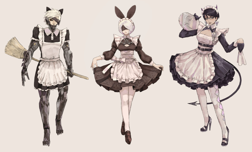 1boy 2b_(nier:automata) 2girls absurdres animal_ears arm_blade bayonetta bayonetta_(series) bayonetta_2 beige_background black-framed_eyewear black_blindfold black_dress black_gloves black_legwear blindfold blue_eyes bow breasts broom brown_footwear cat_ears chains cleavage cleavage_cutout closed_mouth clothing_cutout company_connection covered_eyes cyborg demon_horns demon_tail dress earrings fake_animal_ears frills glasses gloves half_gloves high_heels highres holding holding_broom holding_plate horns jewelry maid maid_headdress metal_gear_(series) metal_gear_rising:_revengeance mole mole_under_mouth multiple_girls nier:automata nier_(series) plate platinumgames_inc. puffy_sleeves raiden_(metal_gear) red_eyes reverse_grip short_hair simple_background subakeye tail weapon white_bow white_hair white_legwear