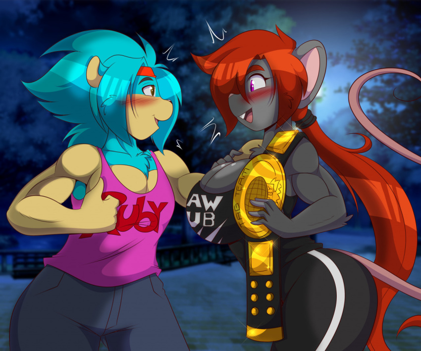 anthro belt big_breasts blush breasts chad_hodgeson cleavage clothed clothing duo eulipotyphlan female hair hedgehog male male/female mammal mastergodai mouse murid murine muscular muscular_female night open_mouth park purple_eyes rascals red_hair rodent ruby_fields shirt smile tank_top topwear wrestling_belt