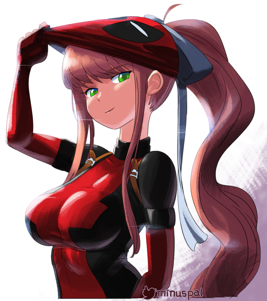 bodysuit breasts brown_hair cosplay crossover deadpool deadpool_(cosplay) doki_doki_literature_club female green_eyes highres latex latex_bodysuit looking_at_viewer marvel mask mask_lift mask_on_head mask_pull medium_breasts minus8 monika_(doki_doki_literature_club) ponytail removing_mask ribbon smile smirk solo tight white_ribbon