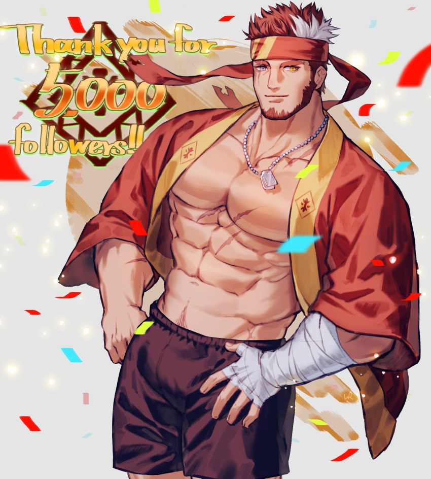 1boy abs bandaged_hand bandages bara bare_pectorals beard black_shorts brown_eyes closed_mouth commission confetti english_text facial_hair grey_eyes headband heterochromia highres indie_virtual_youtuber jewelry large_pectorals male_focus milestone_celebration multicolored_hair muscular muscular_male navel necklace open_clothes pectorals red_hair red_headband ryuugen_drake scar scar_across_eye scar_on_chest scar_on_face second-party_source short_hair shorts skeb_commission smile solo thank_you two-tone_hair uori virtual_youtuber white_hair