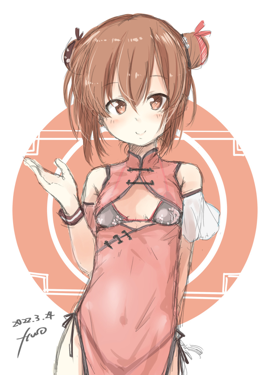 absurdres alternate_costume bikini bikini_top_only bikini_under_clothes breasts brown_eyes brown_hair china_dress chinese_clothes cleavage_cutout clothing_cutout dated double_bun dress female fyuo grey_skirt hair_bun highres kantai_collection red_dress short_hair side-tie_dress signature skirt small_breasts solo swimsuit tan_yang_(kancolle) yukikaze_(kancolle)