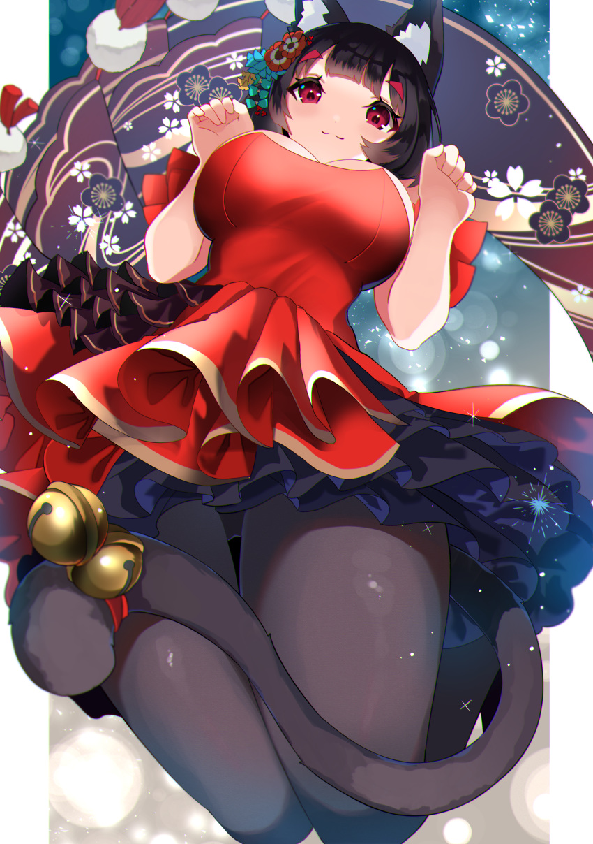 absurdres animal_ear_fluff animal_ears azur_lane bell black_hair black_pantyhose breasts cat_ears cat_tail closed_mouth dress female flower gradient_background hair_flower hair_ornament highres large_breasts looking_at_viewer oerba_yun_fang official_alternate_costume pantyhose paw_pose pom_pom_(cheerleading) red_dress red_eyes short_eyebrows short_hair smile solo sparks tail tail_bell tail_ornament thick_eyebrows yamaha_tsui yamashiro_(azur_lane) yamashiro_(dressy_black_cat)_(azur_lane)