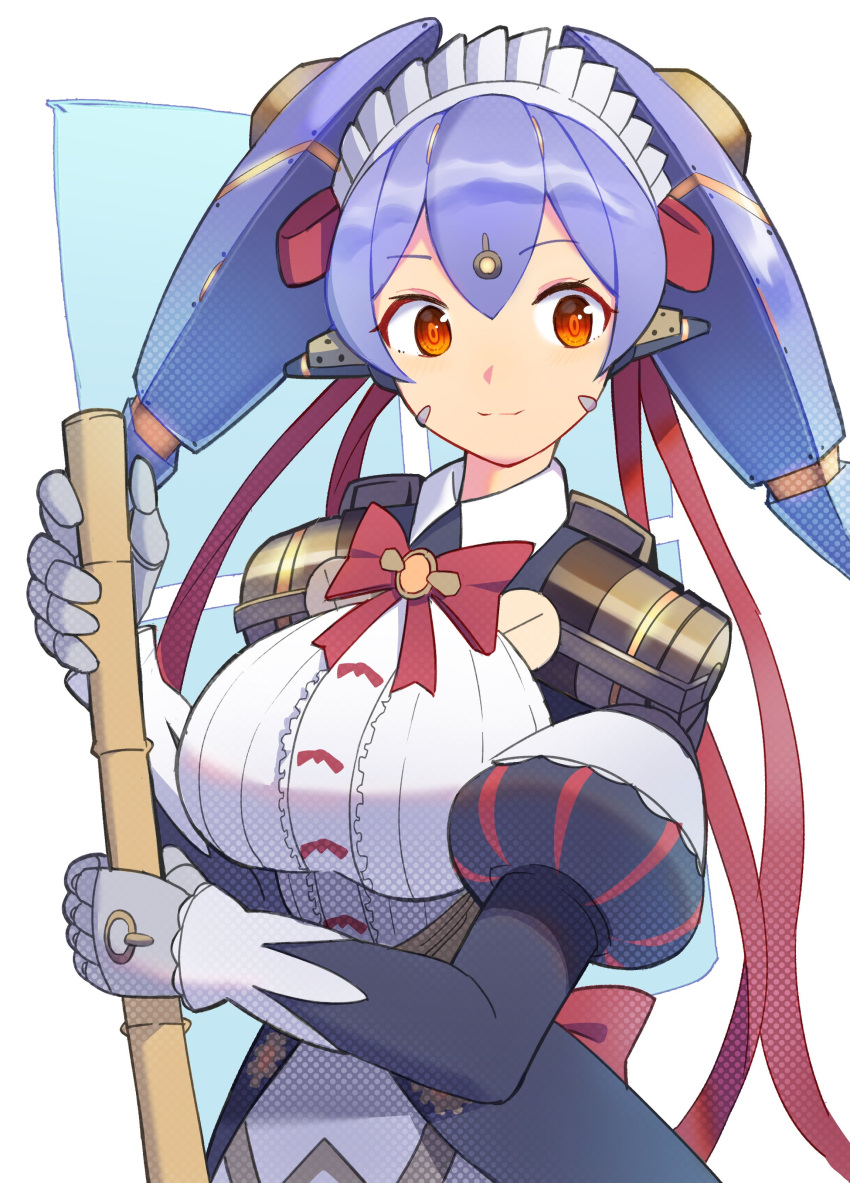 absurdres android apron breasts female highres joints large_breasts maid maid_apron maid_headdress medaman poppi_(xenoblade) poppi_qt_(xenoblade) purple_hair red_eyes robot_ears robot_joints simple_background solo white_apron white_background xenoblade_chronicles_(series) xenoblade_chronicles_2